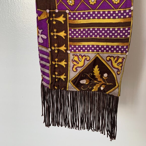 Vintage Long Regal Print Scarf with Fringe Purple Brown Grey Yellow - Picture 7 of 11